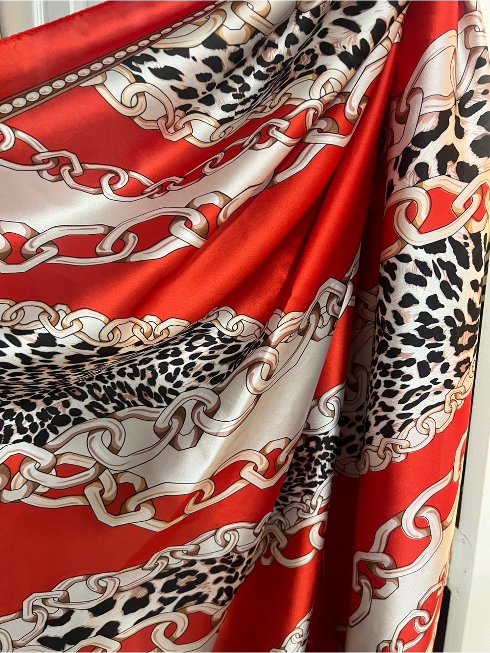 Red Chain & Leopard Print Satin Scarf